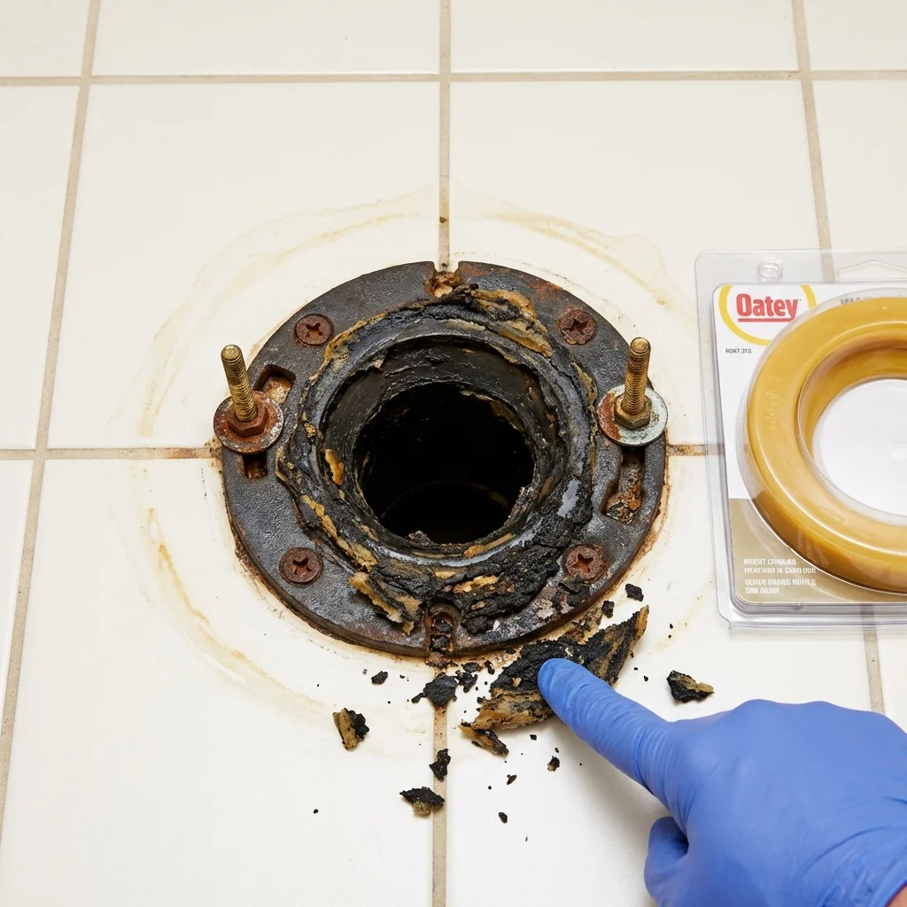 Failed wax ring showing water seepage at the base of a toilet in a Portage, MI home