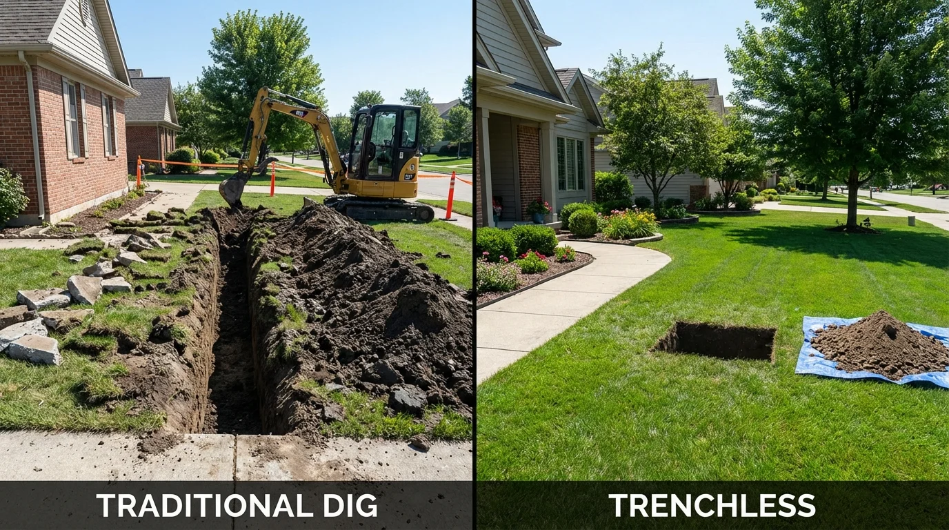 Trenchless sewer repair with minimal yard damage versus traditional excavation in Portage, MI