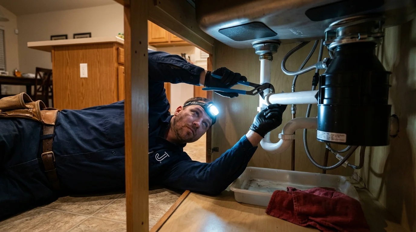 P-trap and supply line connections under a kitchen sink showing a common leak point in Portage, MI